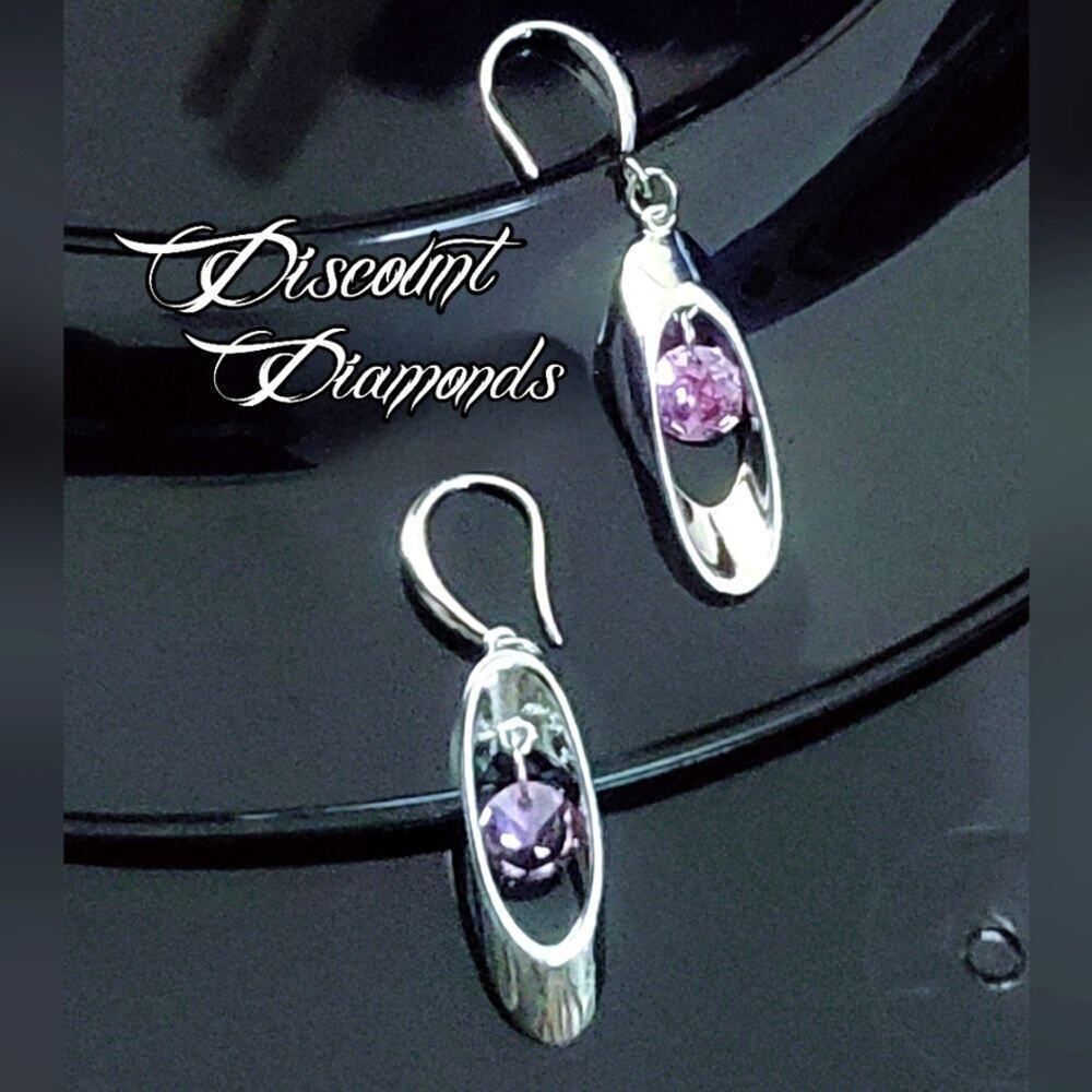 Round Pink Crystal Long Dangle Fishhook Earrings on 925 Silver